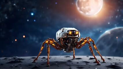 A sixlegged spider robot explores the moon Created with Generative AI technology