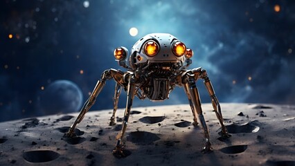 A sixlegged spider robot explores the moon Created with Generative AI technology