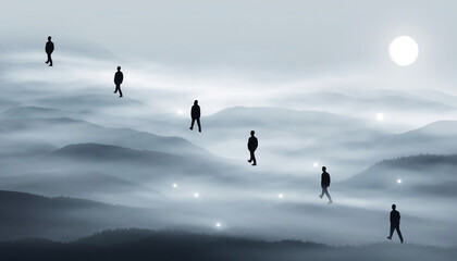 silhouetted figures walking across misty mountain ranges under bright celestial body.