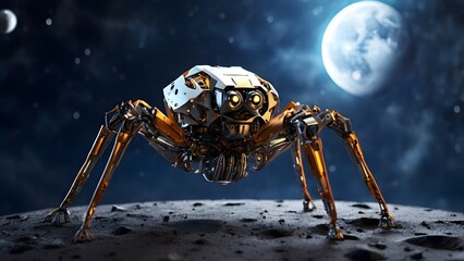 A sixlegged spider robot explores the moon Created with Generative AI technology