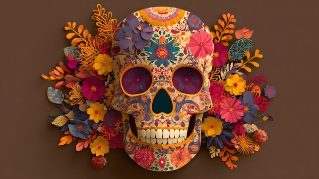 Warm poetic skull with decorative vector flowers, festive cultural tone, cut paper patterns, expressive typography
