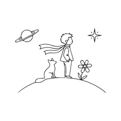 Vector line drawing of a little boy sitting on a tiny planet with a fox and a rose, looking at the stars in space.
