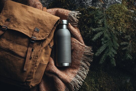 Stylish outdoor gear arranged on moss, showcasing adventure esse