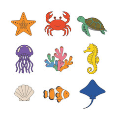 Colorful Sea Creatures Icons Set