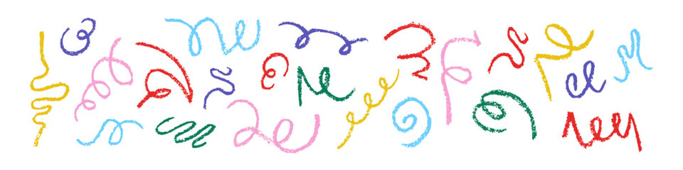 Fun rainbow doodles set, scribble shapes with chalk, charcoal texture. Hand drawn funky squiggle lines in crayon style. Simple bright confetti collection. Vector illustration on transparent background