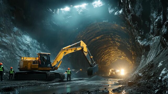 Wide underground construction tunnel illuminated with artificial lights, heavy machinery, workers at site, engineering, industrial progress mining, modern infrastructure, large-scale urban development