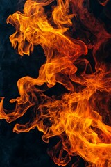 Fiery Flames Burning with Intense Energy and Heat. The bright, orange and yellow flames against a dark background, showcasing the power of fire