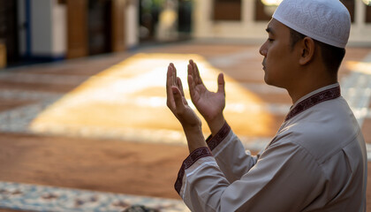 man in traditional attire praying with hands raised in a mosque.