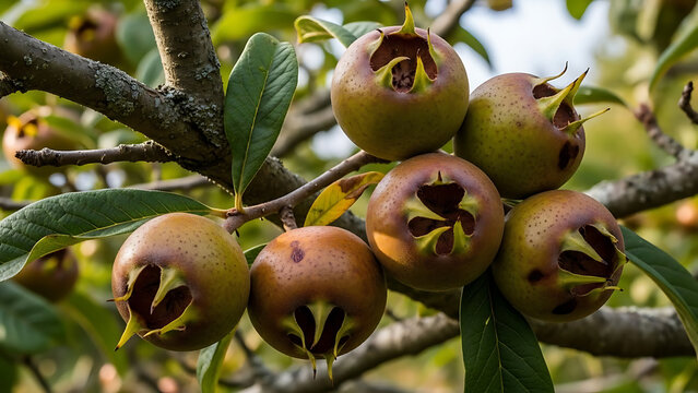 A cluster of ripening medlar fruits with their distinctive open calyx ends, hanging from a branch of a Mespilus germanica tree, bathed in natural light within an outdoor orchard setting