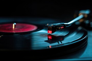 Vinyl spinning under soft light creates nostalgic ambiance, evok