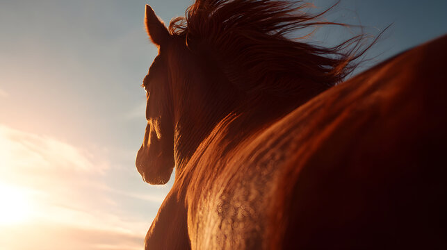 Wild horse running freely against glowing sunset sky