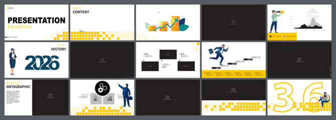 Business presentation, businessman analyzes financial annual report. Set. Infographics, yellow and black elements design, credit and financial development, photo Use in advertising Vector illustration
