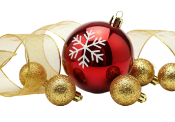 a central, highly reflective crimson bauble with white snowflake, flanked by gold glitter balls and organza ribbon on a transparent background, concept of modern holiday luxury