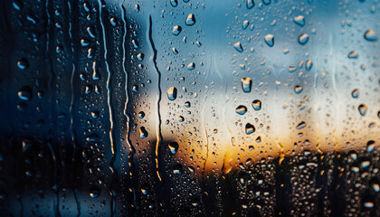 raindrops on glass with blurred sunset background
