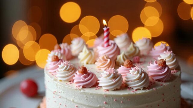 Artistic soft focus shot of a birthday cake with beautiful sparkling bokeh lights in the background, dreamy 4k video footage