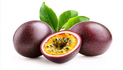 passion fruits and a half with leaves isolated on white background