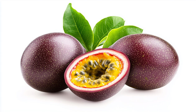 passion fruits and a half with leaves isolated on white background