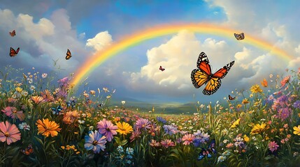 Obraz premium A vibrant scene of a colorful field with butterflies under a beautiful rainbow