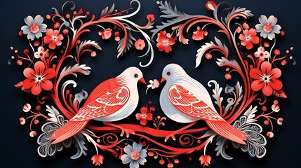Two doves facing each other surrounded by floral and leaf pattern