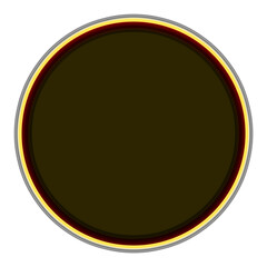 Dark brown circular badge design with layered red and yellow metallic border elements isolated on white background for copy space