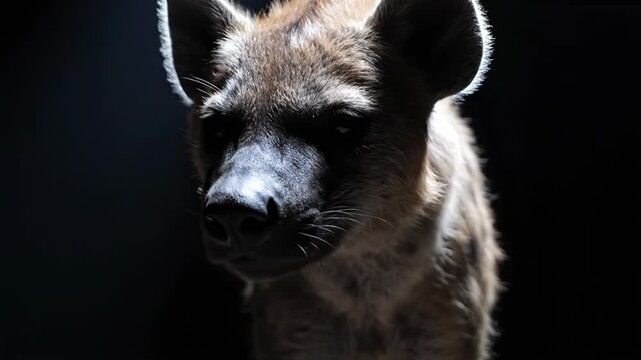 Closeup of a hyenas face with dark background and dramatic lighting emphasizing features
