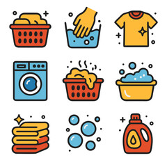 Laundry related icons including washing machine, clothes, and soap. Perfect for laundry services, cleaning products, household items, and home organization.