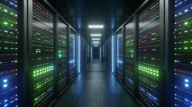 Futuristic data center server room with blinking lights, cloud computing technology background.