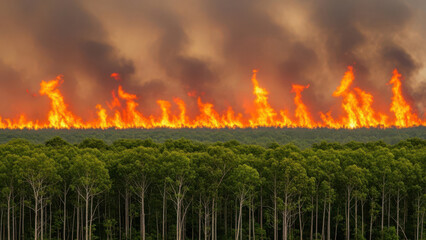 Wildfire burning through forest landscape with smoke and intense flames