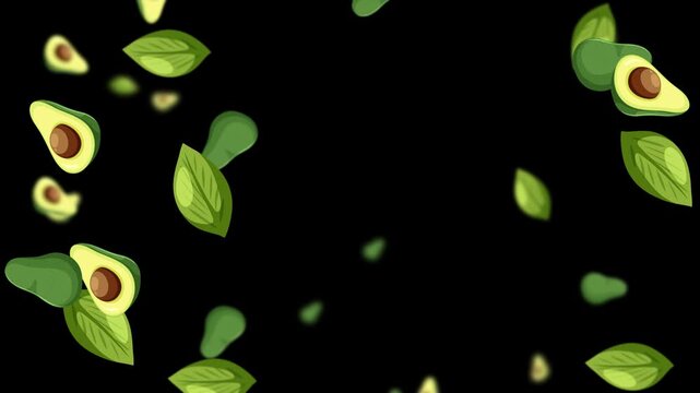Seamless Falling Avocado Halves and Leaves on Black