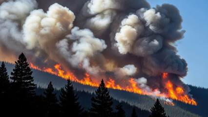 Wildfire Raging Through Forest Landscape with Smoke and Flames