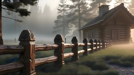 Wooden fence in front of a cabin in the fog creating a mysterious rustic architectural scene suitable for landscape and environmental photography capturing foggy atmospheres