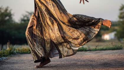 Obraz premium person dancing outdoors in flowing patterned garment at dusk.