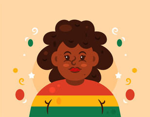 Illustration of a beautiful African woman. Wearing red, yellow, and green clothes. Black women celebrating and commemorating Black History Month. Happy Black History Month. Flat style. Orange
