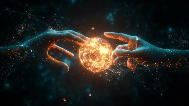A pair of hands delicately connect through a glowing digital sphere, symbolizing human touch, innovation, communication, and the fusion of technology with creativity in a connected digital future.