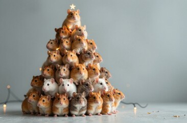 Small, colorful hamsters form Christmas tree on gray background, with one adorned with star, creating joyful and festive scene, winter holiday spirit, celebration, togetherness, warmth