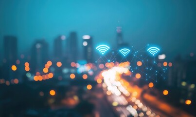Futuristic, blurry city with WiFi symbol overlay