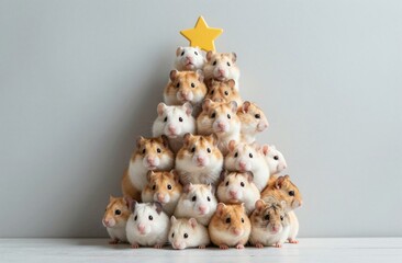 Small hamsters form Christmas tree, facing forward with curiosity, on light gray background, featuring yellow star ornament, evoking joyful and festive atmosphere, winter holiday spirit