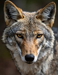 Close-up of a coyote, its piercing yellow eyes conveying alertness and wild intelligence