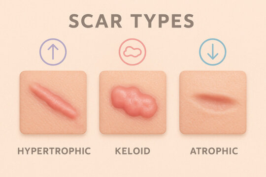 Scar types hypertrophic keloid atrophic medical infographic skin texture pastel design outline icons clear labels dermatology guide clinical education