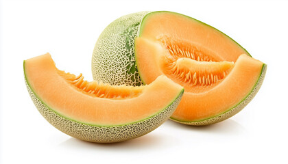 Melon half and slices isolated on white background