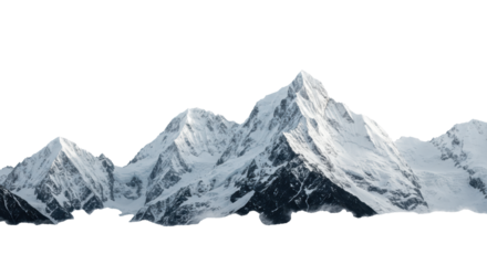 Majestic towering snow-capped mountain range with jagged icy peaks and dark granite rock, isolated against an infinite transparent void with ethereal low mist, clean copy space, panoramic wide shot,