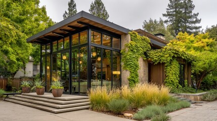 Fototapeta premium Modern Home Exterior Surrounded by Lush Greenery and Landscaping on a Bright Day