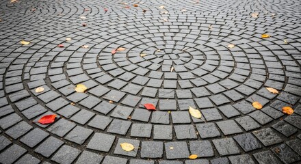 Fototapeta premium Circular Cobblestone Pavement with Autumn Leaves, Creating a Patterned Stone Surface, Ideal for Urban Design and Seasonal Concepts