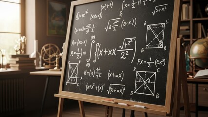 Mathematical Equations and Diagrams on a Blackboard in a Study Room Setting