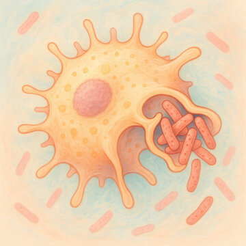 Macrophage phagocytosis bacteria membrane wrapping immune cell engulfing pathogen pastel illustration medical science concept soft color palette