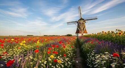 Traditional Dutch windmill in a vibrant field of colorful summer flowers.