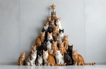 group of twenty cats forms Christmas tree, sitting and lounging on white background, creating tranquil, festive atmosphere with star topper, joyful family moment, cozy lifestyle