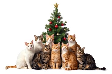 Seven cats, including three white and four tabby cats, sit before Christmas tree with red ornaments and golden baubles, creating festive and warm atmosphere., joyful family moment