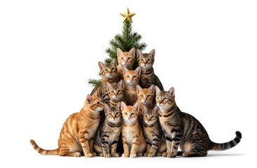 Nine orange and black tabby cats form Christmas pyramid, gazing attentively at festive tree, conveying warmth and curiosity, joyful family moment, winter celebration, Christmas spirit