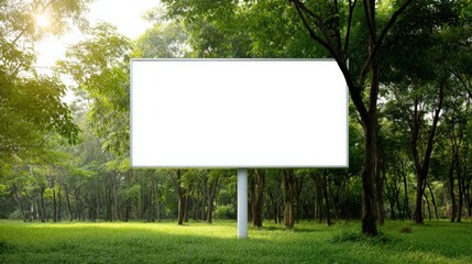 Fototapeta premium Blank Billboard in Lush Green Forest - Outdoor Advertising Mockup for Nature-Focused Campaigns